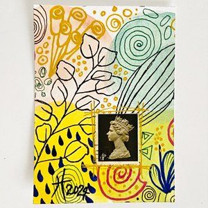 ACEO Original Watercolor Doodle UK Postage Stamp Art Tristina Dietz Elmes ATC